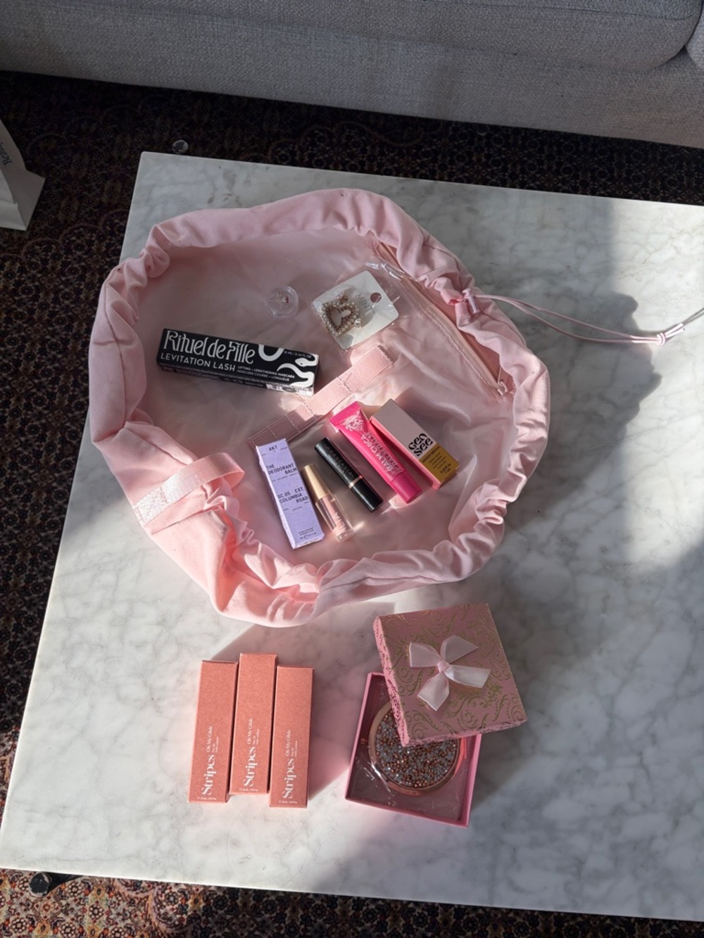 Pink Makeup Travel Drawstring Pouch with clean beauty credo Cosmetics and mirror